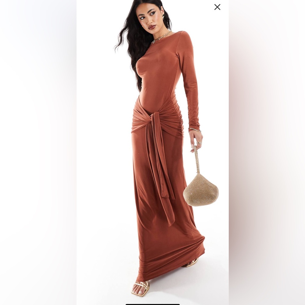 ASOS DESIGN tie front exaggerated drape maxi dress in rust